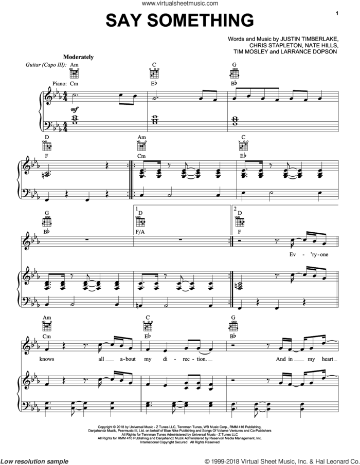 Say Something (feat. Chris Stapleton) sheet music for voice, piano or guitar by Justin Timberlake, Justin Timberlake feat. Chris Stapleton, Chris Stapleton, Larrance Dopson, Nate Hills and Tim Mosley, intermediate skill level