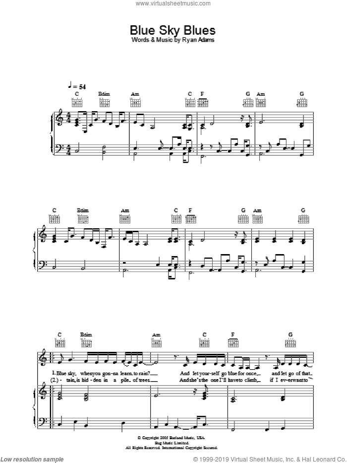 Blue Sky Blues sheet music for voice, piano or guitar by Ryan Adams, intermediate skill level