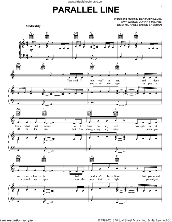Parallel Line sheet music for voice, piano or guitar by Keith Urban, Amy Wadge, Benjamin Levin, Ed Sheeran, Johnny McDaid and Julia Michaels, intermediate skill level