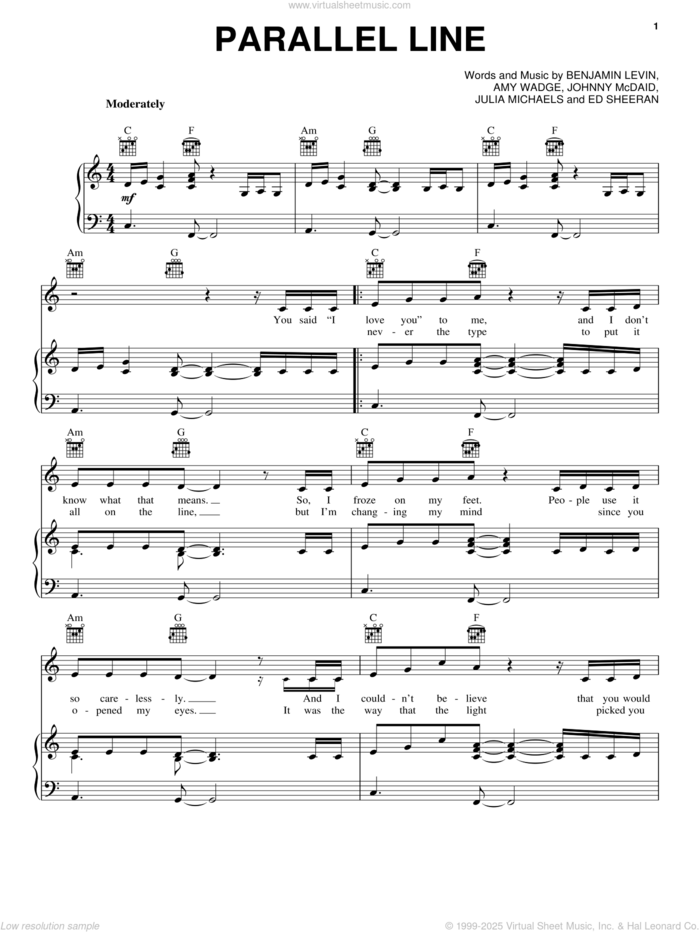 Parallel Line sheet music for voice, piano or guitar by Keith Urban, Amy Wadge, Benjamin Levin, Ed Sheeran, Johnny McDaid and Julia Michaels, intermediate skill level