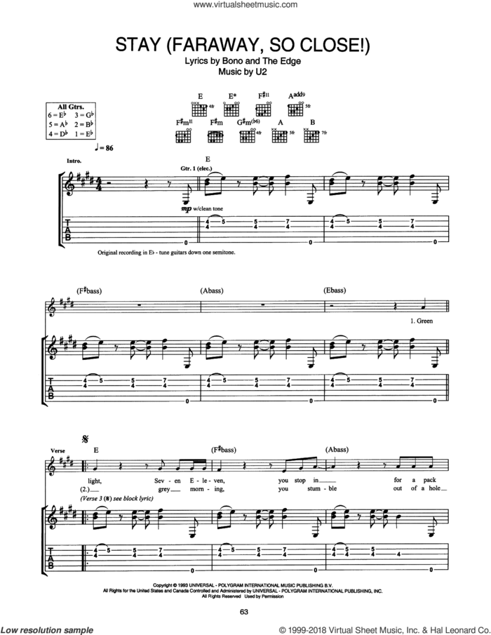 Stay (Faraway, So Close!) sheet music for guitar (tablature) by U2, Bono and The Edge, intermediate skill level