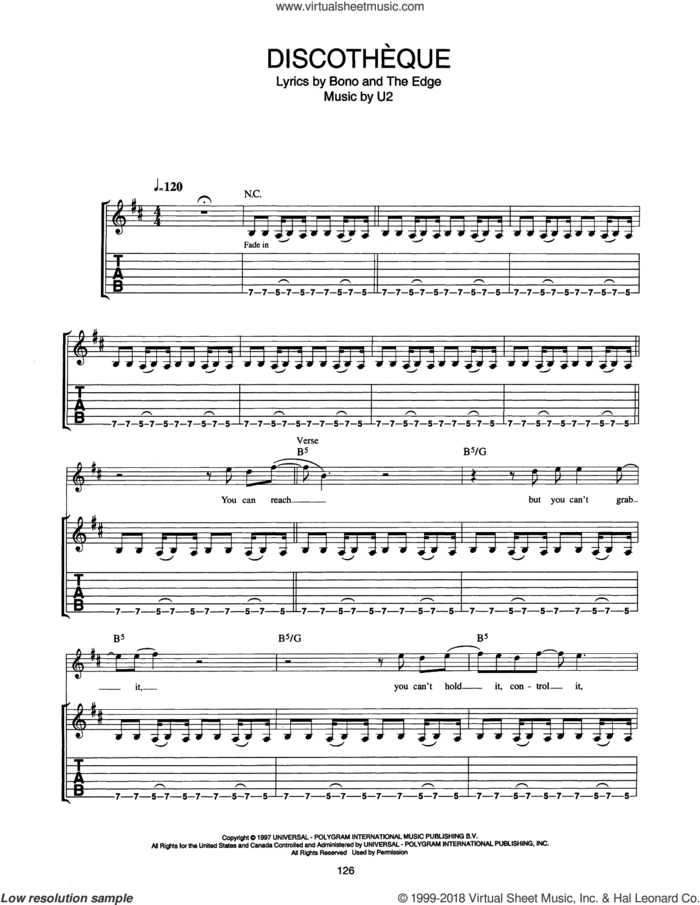 Discotheque sheet music for guitar (tablature) by U2, Bono and The Edge, intermediate skill level