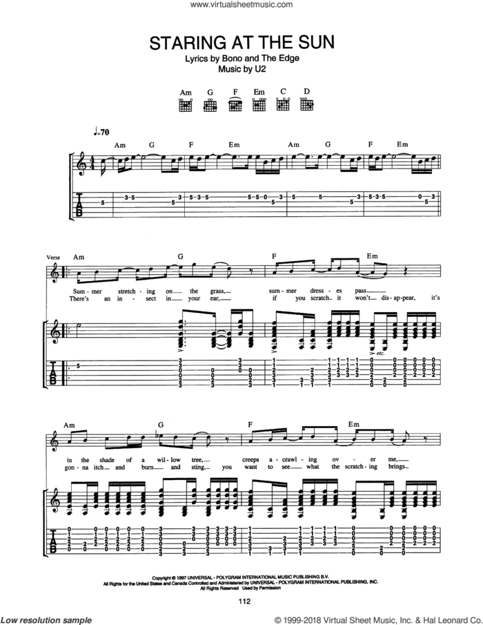 Staring At The Sun sheet music for guitar (tablature) by U2, Bono and The Edge, intermediate skill level