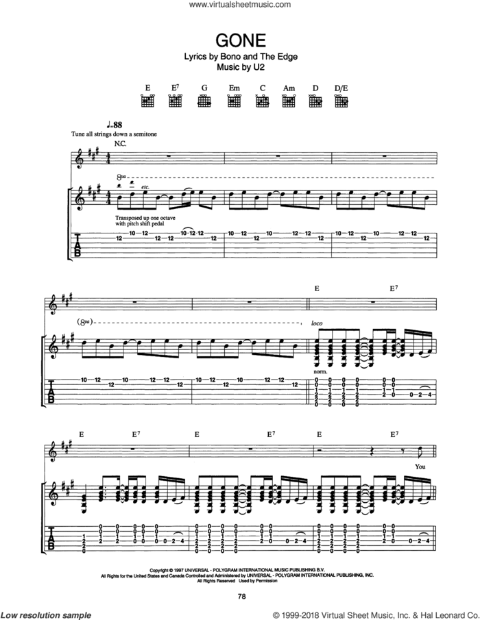 Gone sheet music for guitar (tablature) by U2, Bono and The Edge, intermediate skill level
