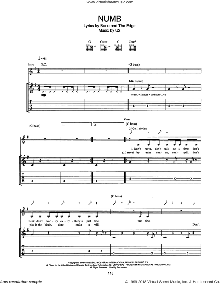 Numb sheet music for guitar (tablature) by U2, Bono and The Edge, intermediate skill level
