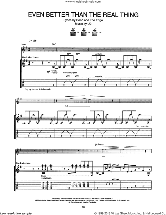 Even Better Than The Real Thing sheet music for guitar (tablature) by U2, Bono and The Edge, intermediate skill level