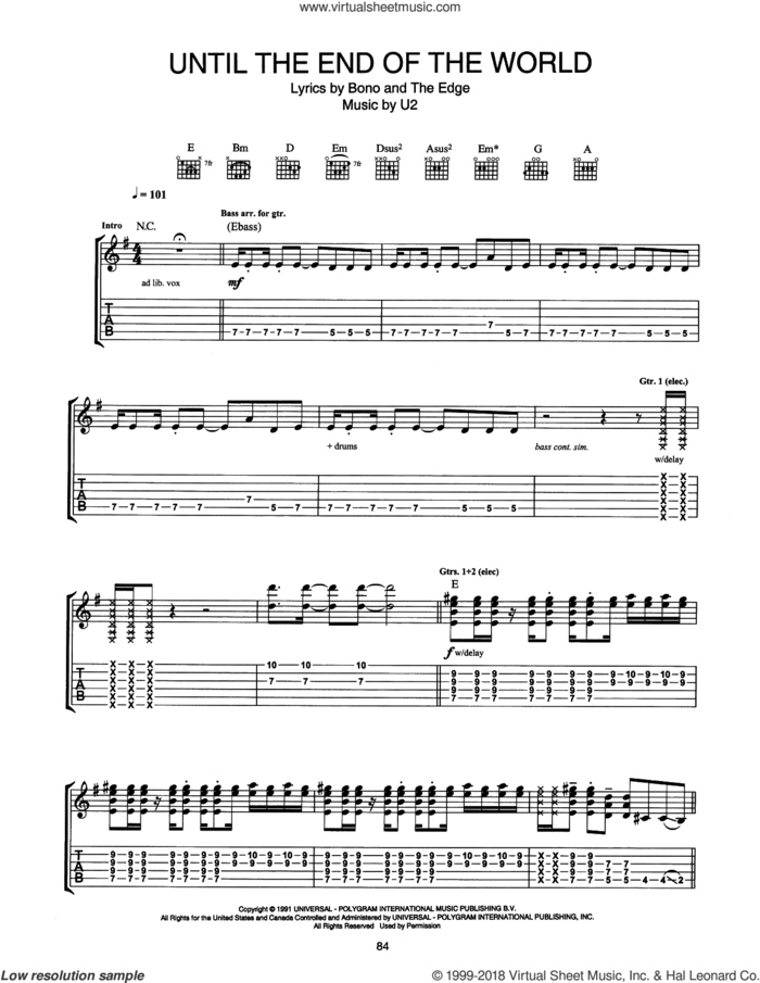 Until The End Of The World sheet music for guitar (tablature) by U2, Bono and The Edge, intermediate skill level
