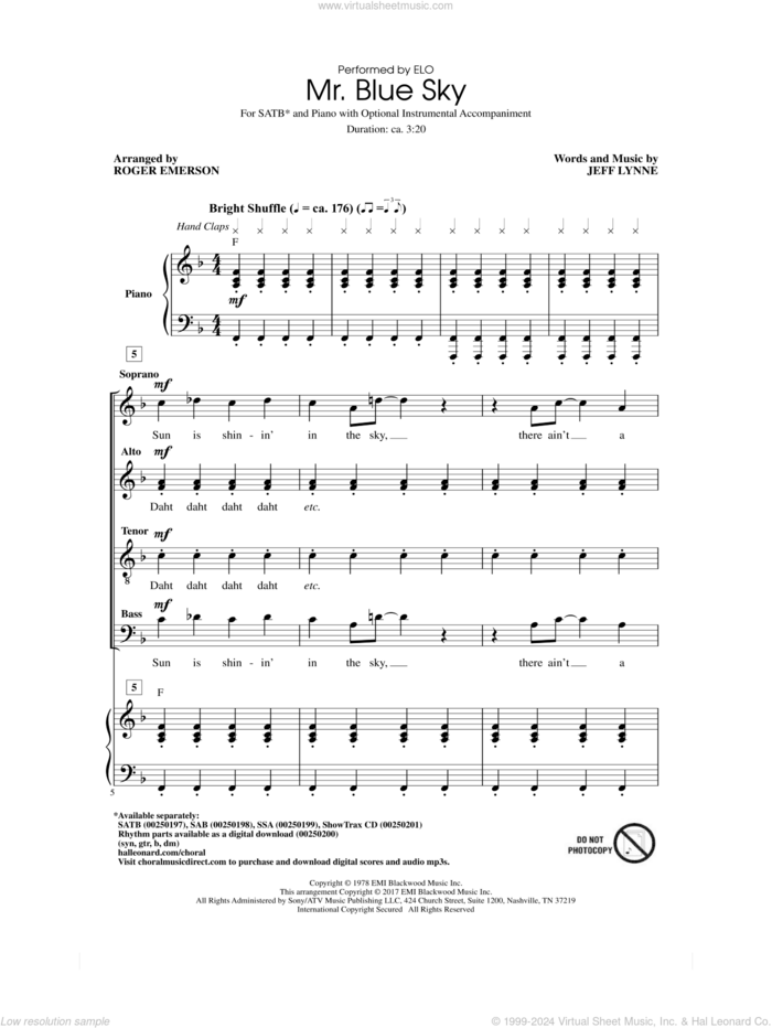 Mr. Blue Sky sheet music for choir (SATB: soprano, alto, tenor, bass) by Jeff Lynne, Roger Emerson and Electric Light Orchestra, intermediate skill level