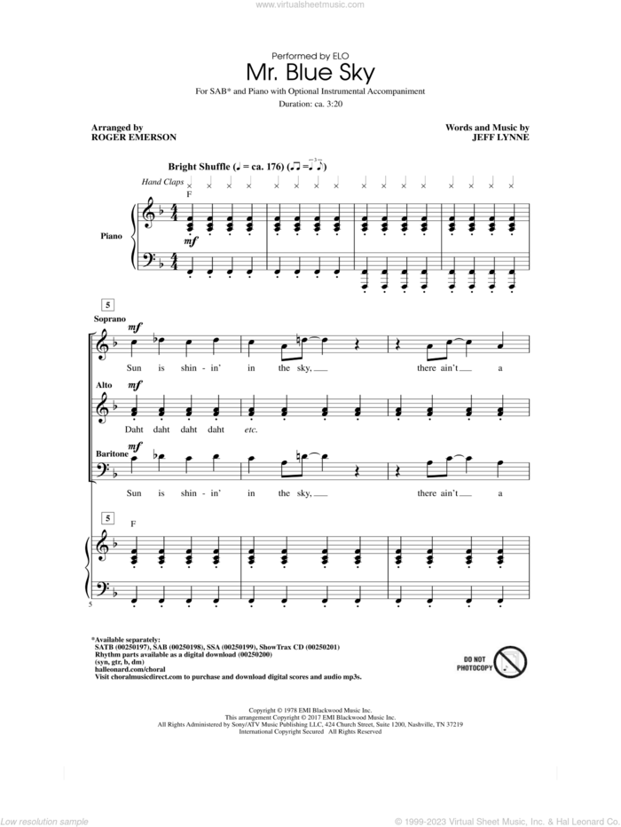 Mr. Blue Sky sheet music for choir (SAB: soprano, alto, bass) by Jeff Lynne, Roger Emerson and Electric Light Orchestra, intermediate skill level