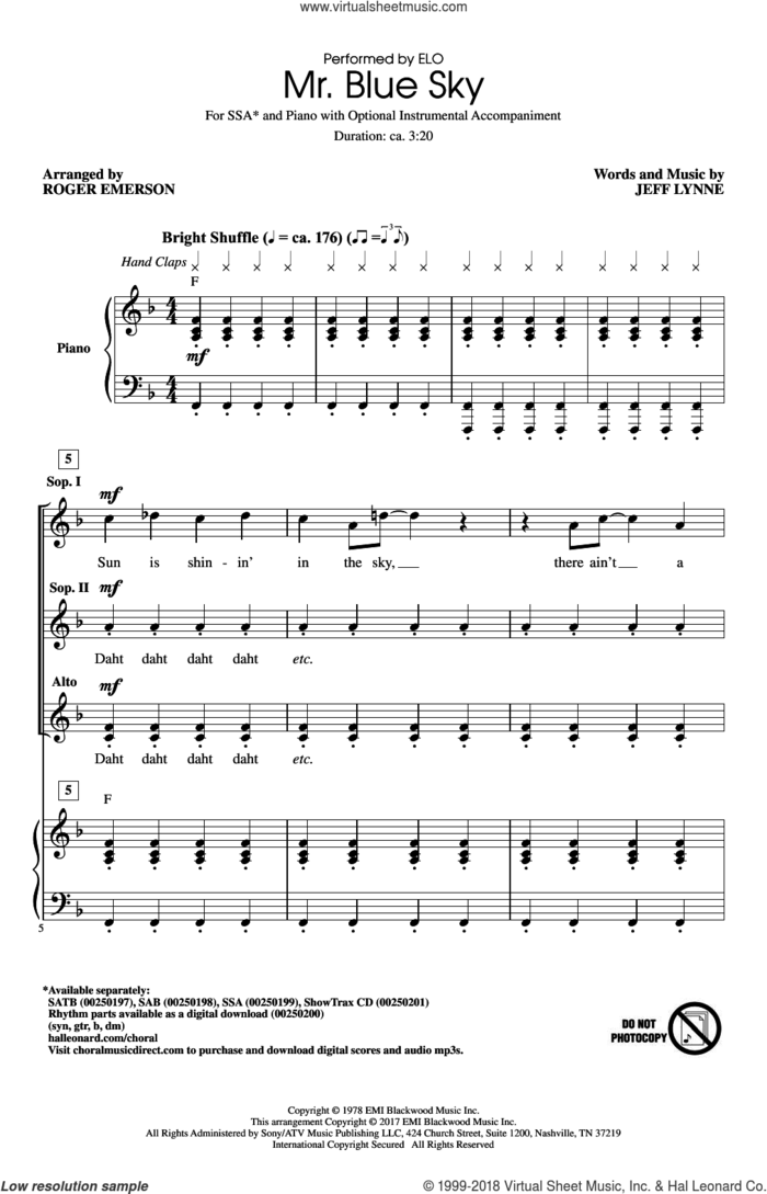 Mr. Blue Sky sheet music for choir (SSA: soprano, alto) by Jeff Lynne, Roger Emerson and Electric Light Orchestra, intermediate skill level