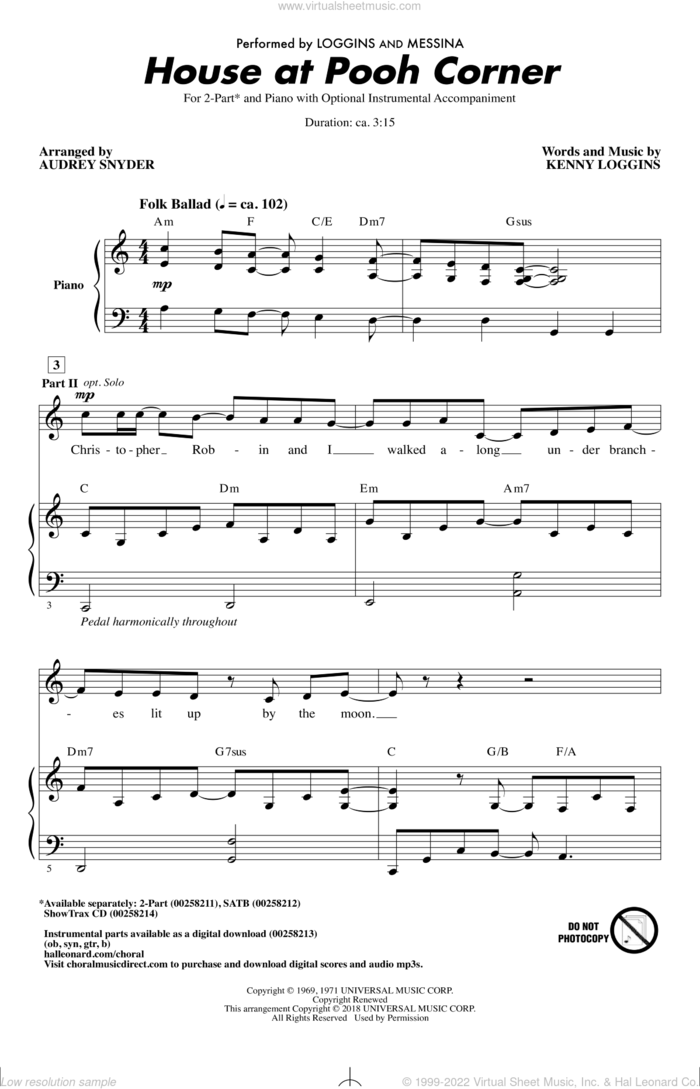 House At Pooh Corner sheet music for choir (2-Part) by Kenny Loggins, Audrey Snyder, Loggins And Messina and Nitty Gritty Dirt Band, intermediate duet