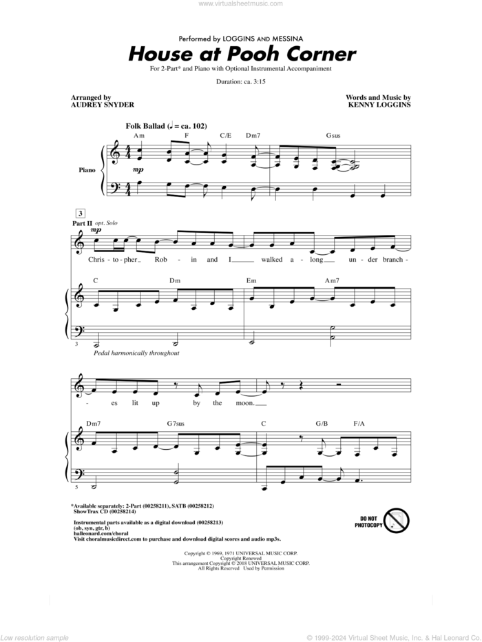 House At Pooh Corner sheet music for choir (2-Part) by Kenny Loggins, Audrey Snyder, Loggins And Messina and Nitty Gritty Dirt Band, intermediate duet