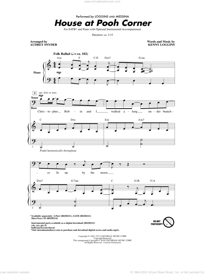 House At Pooh Corner sheet music for choir (SATB: soprano, alto, tenor, bass) by Kenny Loggins, Audrey Snyder, Loggins And Messina and Nitty Gritty Dirt Band, intermediate skill level