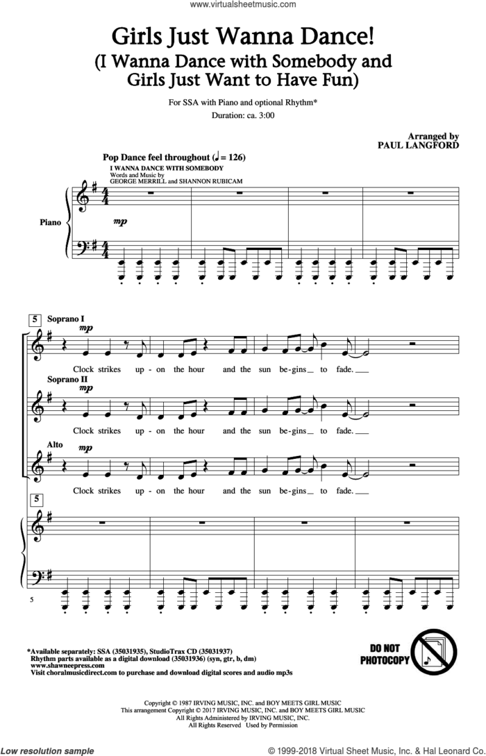 Girls Just Want To Dance! sheet music for choir (SSA: soprano, alto) by Paul Langford, Cyndi Lauper, George Merrill, Miley Cyrus, Shannon Rubicam, Whitney Houston and Robert Hazard, intermediate skill level