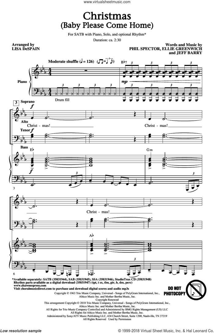 Christmas (Baby Please Come Home) sheet music for choir (SATB: soprano, alto, tenor, bass) by Jeff Barry, Lisa DeSpain, Mariah Carey, Ellie Greenwich and Phil Spector, intermediate skill level