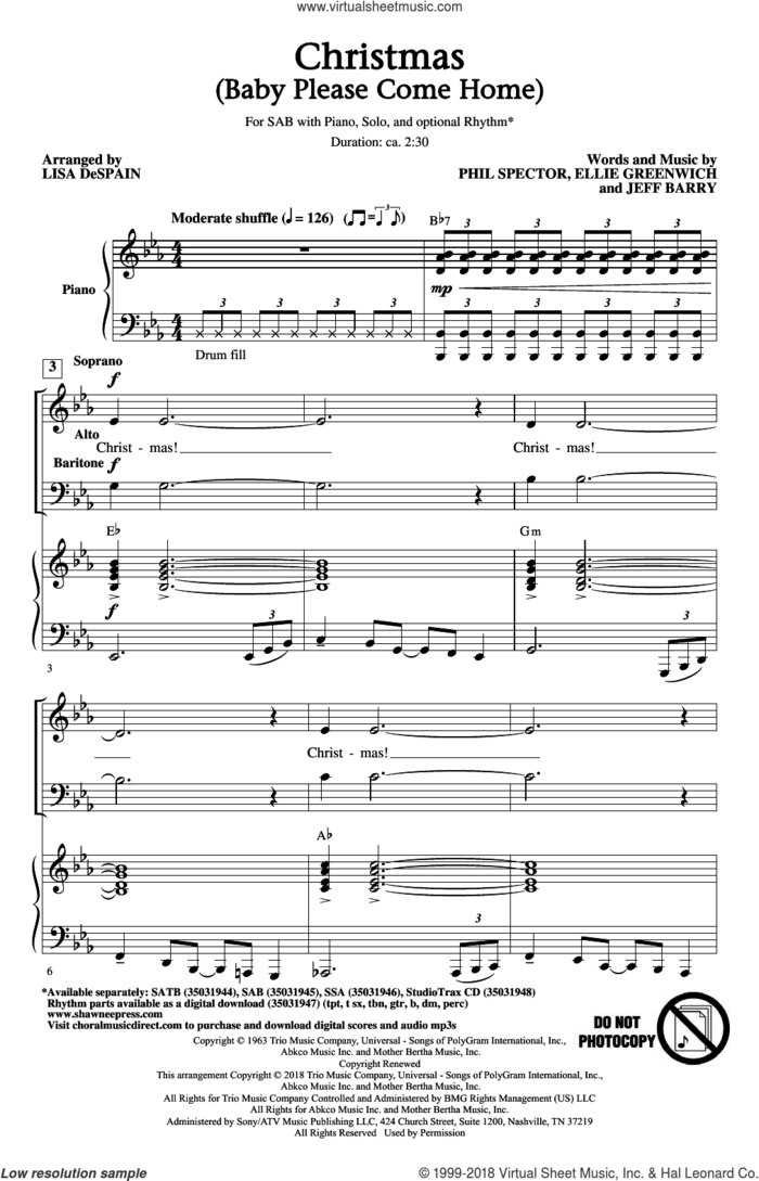 Christmas (Baby Please Come Home) sheet music for choir (SAB: soprano, alto, bass) by Jeff Barry, Lisa DeSpain, Mariah Carey, Ellie Greenwich and Phil Spector, intermediate skill level