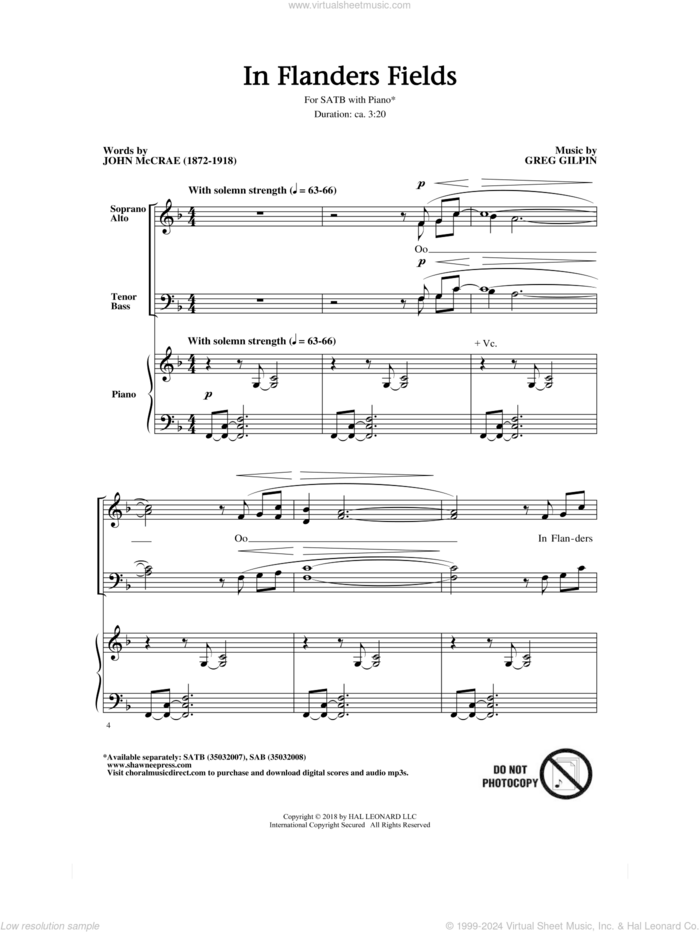 In Flanders Fields sheet music for choir (SATB: soprano, alto, tenor, bass) by Greg Gilpin, Dr. John McCrae and John McCrae, intermediate skill level