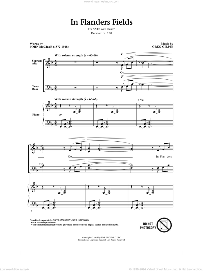 In Flanders Fields sheet music for choir (SATB: soprano, alto, tenor, bass) by Greg Gilpin, Dr. John McCrae and John McCrae, intermediate skill level