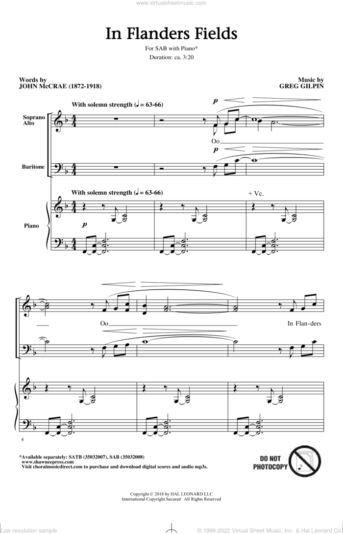 In Flanders Fields sheet music for choir (SAB: soprano, alto, bass) by Greg Gilpin, Dr. John McCrae and John McCrae, intermediate skill level