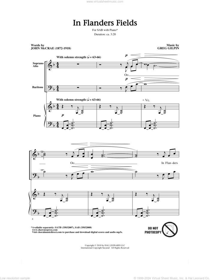 In Flanders Fields sheet music for choir (SAB: soprano, alto, bass) by Greg Gilpin, Dr. John McCrae and John McCrae, intermediate skill level