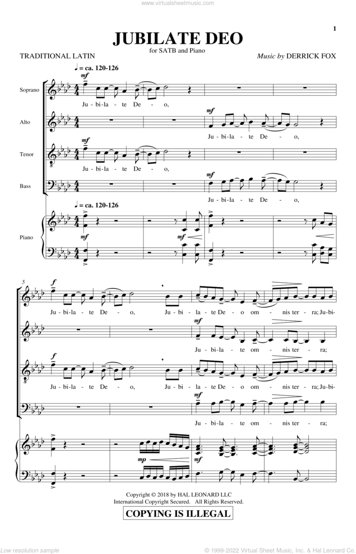 Jubilate Deo sheet music for choir (SATB: soprano, alto, tenor, bass) by Derrick Fox, intermediate skill level