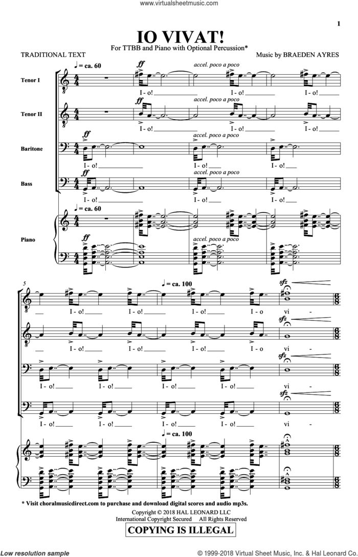 Io Vivat! sheet music for choir (TTBB: tenor, bass) by Braeden Ayres, intermediate skill level