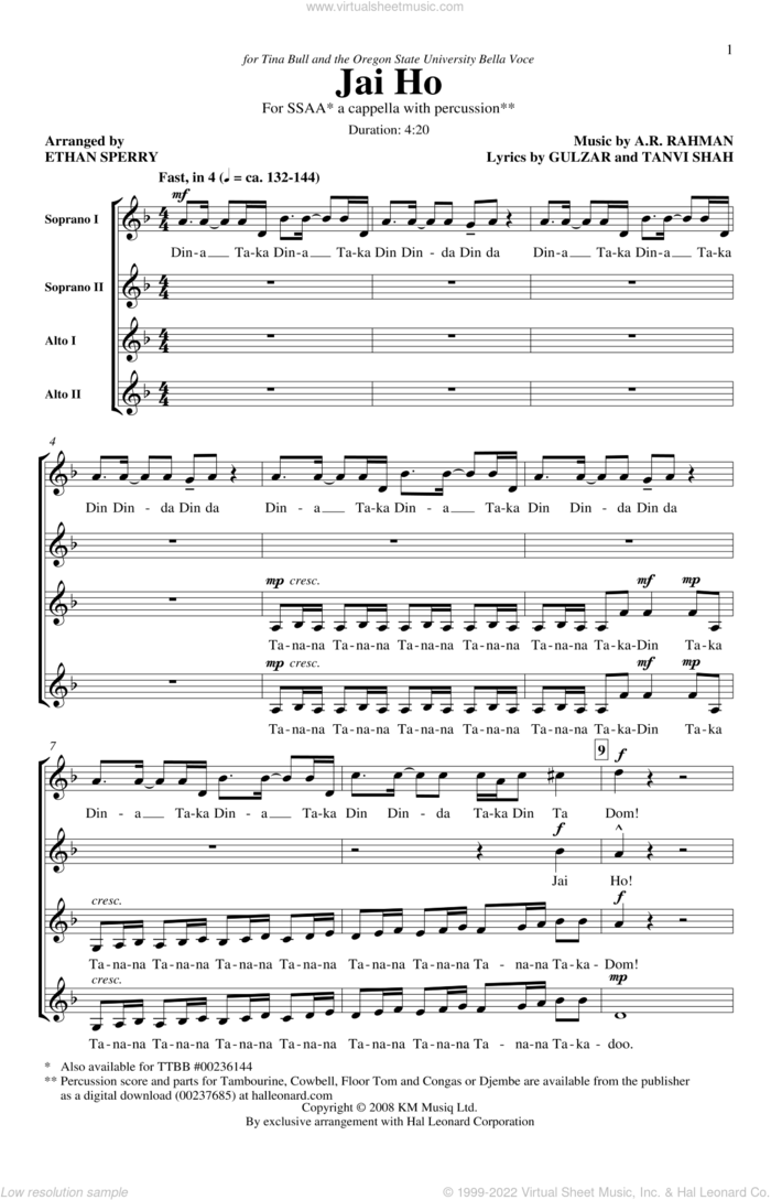 Jai Ho sheet music for choir (SSA: soprano, alto) by A.R. Rahman, Ethan Sperry, Gulzar and Tanvi Shah, intermediate skill level