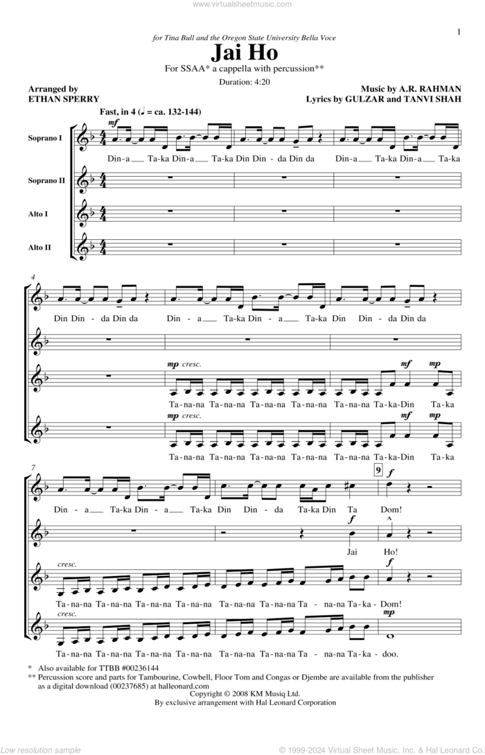 Jai Ho sheet music for choir (SSA: soprano, alto) by A.R. Rahman, Ethan Sperry, Gulzar and Tanvi Shah, intermediate skill level