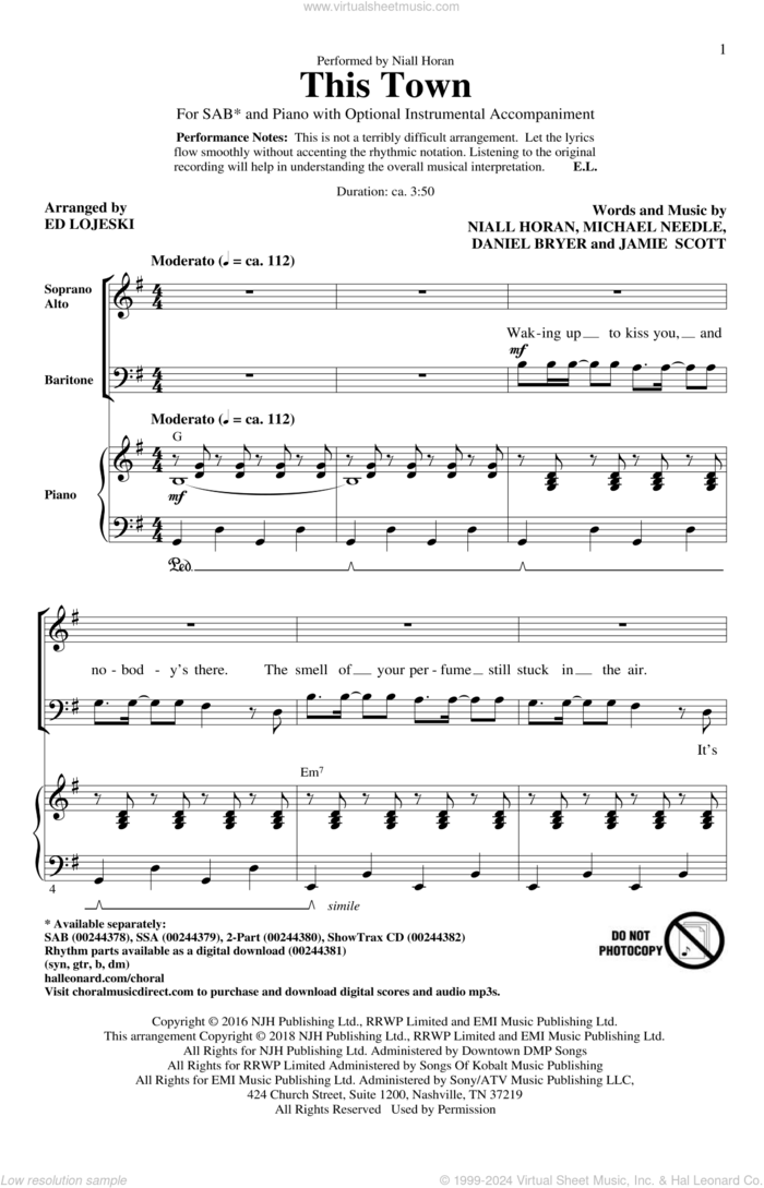 This Town sheet music for choir (SAB: soprano, alto, bass) by Jamie Scott, Ed Lojeski, Daniel Bryer, Michael Needle and Niall Horan, intermediate skill level