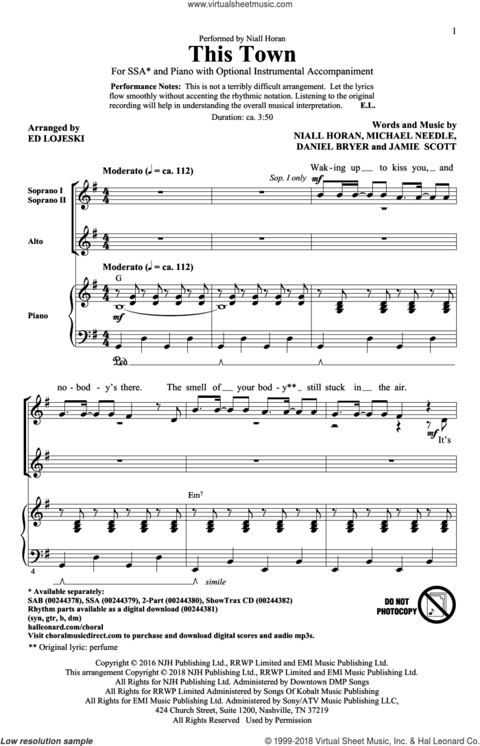 This Town sheet music for choir (SSA: soprano, alto) by Jamie Scott, Ed Lojeski, Daniel Bryer, Michael Needle and Niall Horan, intermediate skill level