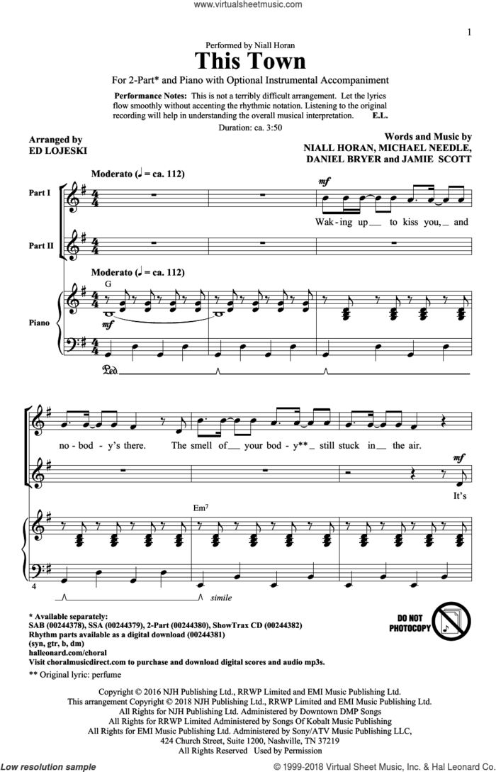This Town sheet music for choir (2-Part) by Jamie Scott, Ed Lojeski, Daniel Bryer, Michael Needle and Niall Horan, intermediate duet
