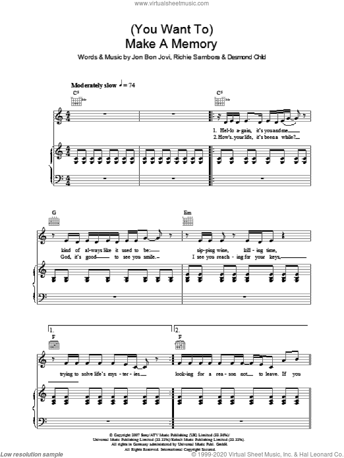 (You Want To) Make A Memory sheet music for voice, piano or guitar by Bon Jovi, Desmond Child and Richie Sambora, intermediate skill level
