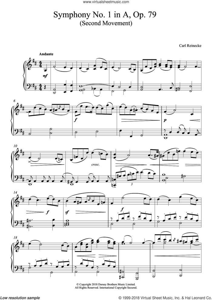Symphony No. 1 In A, Op. 79 (Second Movement) sheet music for piano solo by Carl Reinecke, classical score, intermediate skill level