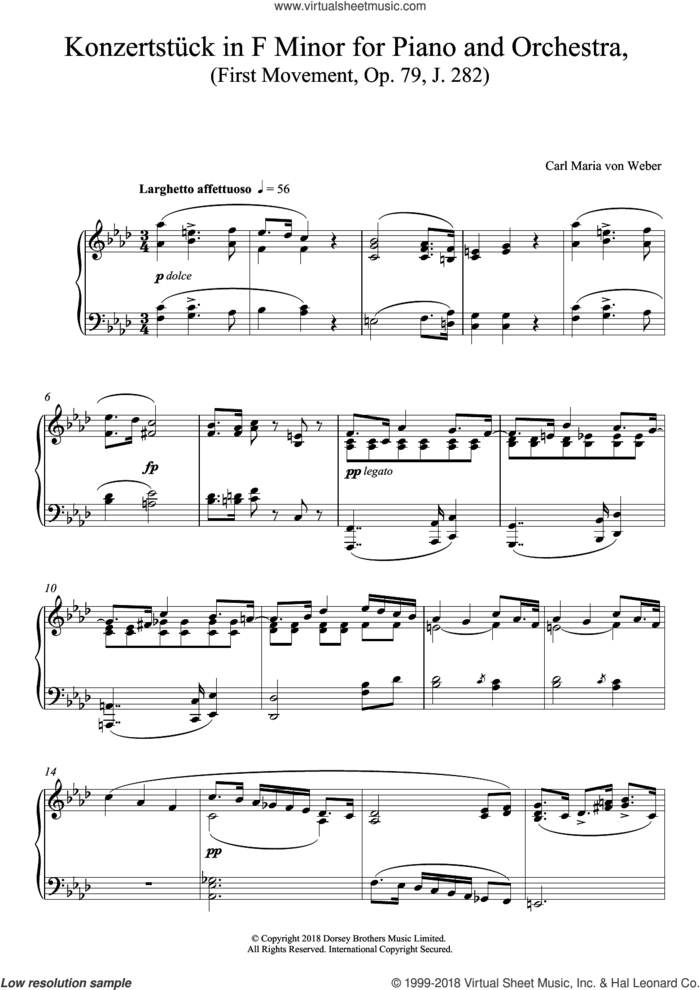 Konzertstuck in F Minor for Piano and Orchestra, First Movement, Op. 79, J. 282 sheet music for piano solo by Carl Maria Von Weber, classical score, intermediate skill level
