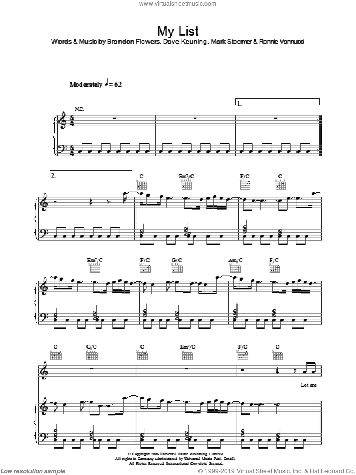 My List sheet music for voice, piano or guitar by The Killers, Brandon Flowers, Dave Keuning, Mark Stoermer and Ronnie Vannucci, intermediate skill level