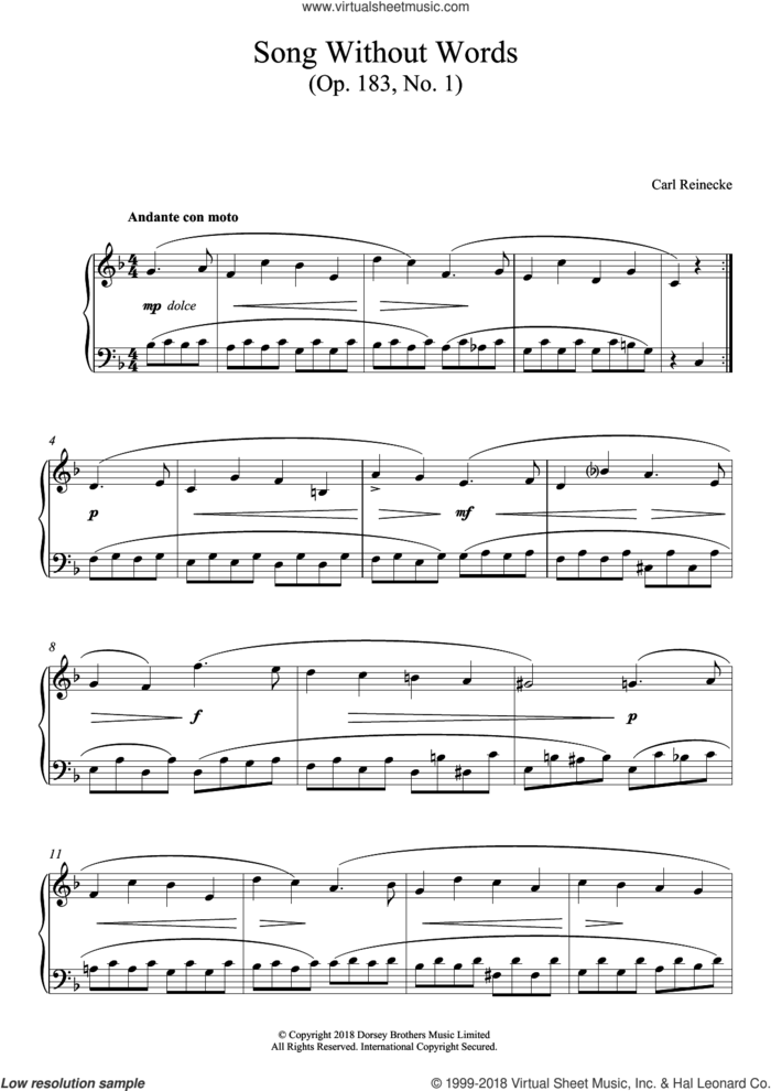 Song Without Words, Op. 183, No. 1 sheet music for piano solo by Carl Reinecke, classical score, intermediate skill level