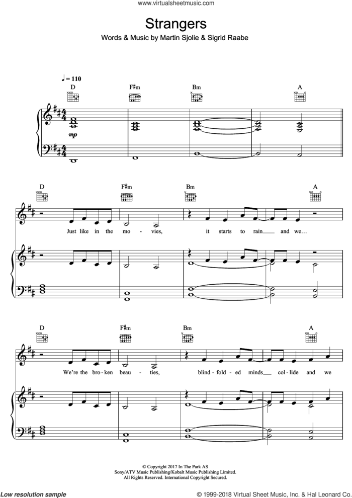 Strangers sheet music for voice, piano or guitar by Sigrid, Martin Sjolie and Sigrid Raabe, intermediate skill level