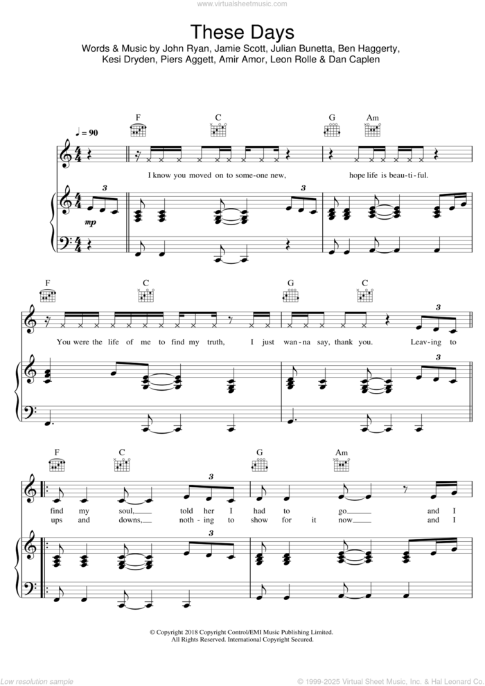 These Days (featuring Jess Glynne, Macklemore and Dan Caplen) sheet music for voice, piano or guitar by Rudimental, Jess Glynne, Macklemore, Amir Amor, Ben Haggerty, Dan Caplen, Jamie Scott, John Ryan, Julian Bunetta, Kesi Dryden, Leon Rolle and Piers Aggett, intermediate skill level