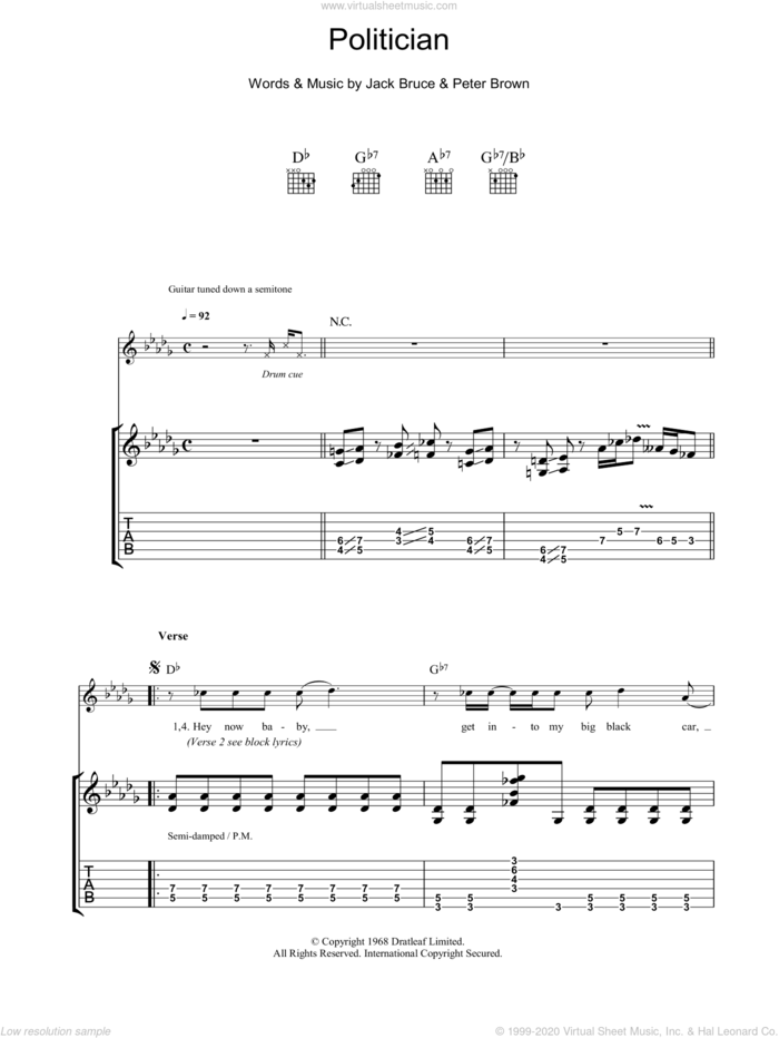 Politician sheet music for guitar (tablature) by Robben Ford, Jack Bruce and Pete Brown, intermediate skill level