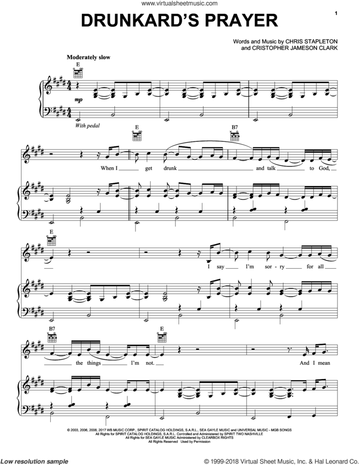 Drunkard's Prayer sheet music for voice, piano or guitar by Chris Stapleton and Christopher Jameson Clark, intermediate skill level