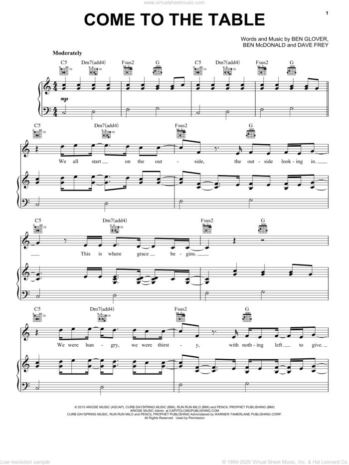 Come To The Table sheet music for voice, piano or guitar by Sidewalk Prophets, Ben Glover, Ben McDonald and Dave Frey, intermediate skill level