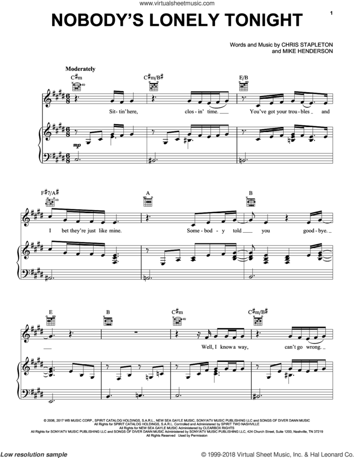 Nobody's Lonely Tonight sheet music for voice, piano or guitar by Chris Stapleton and Mike Henderson, intermediate skill level