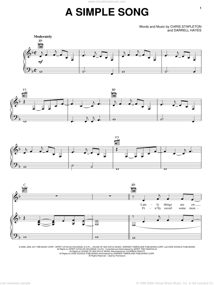 A Simple Song sheet music for voice, piano or guitar by Chris Stapleton and Darrell Hayes, intermediate skill level