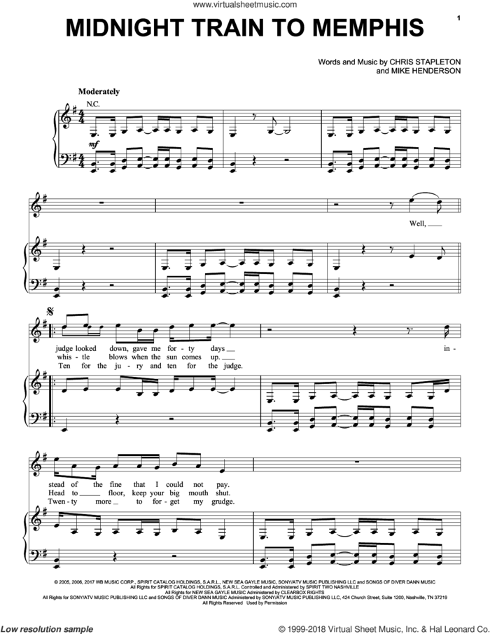 Midnight Train To Memphis sheet music for voice, piano or guitar by Chris Stapleton and Mike Henderson, intermediate skill level