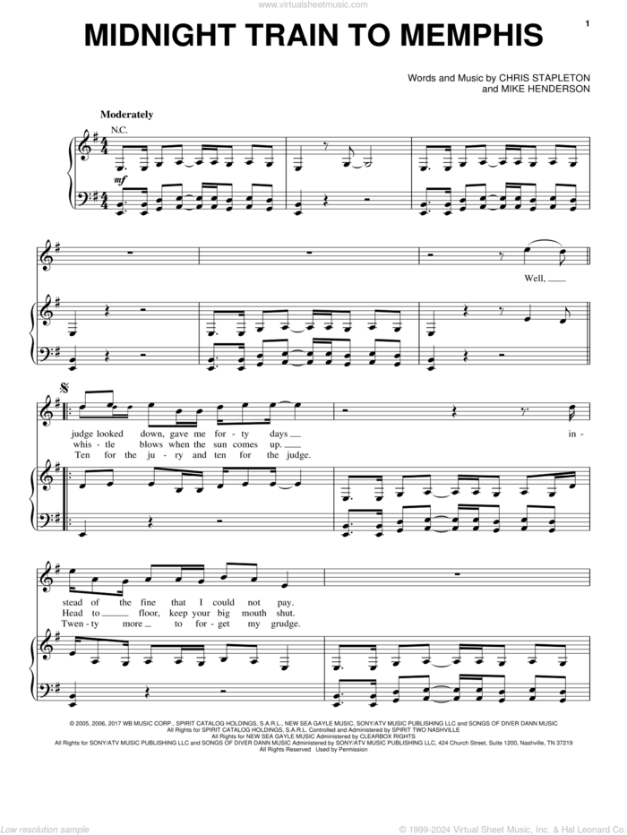 Midnight Train To Memphis sheet music for voice, piano or guitar by Chris Stapleton and Mike Henderson, intermediate skill level