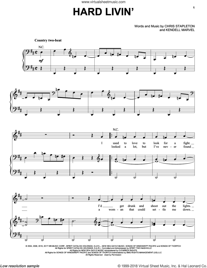 Hard Livin' sheet music for voice, piano or guitar by Chris Stapleton and Kendell Marvell, intermediate skill level