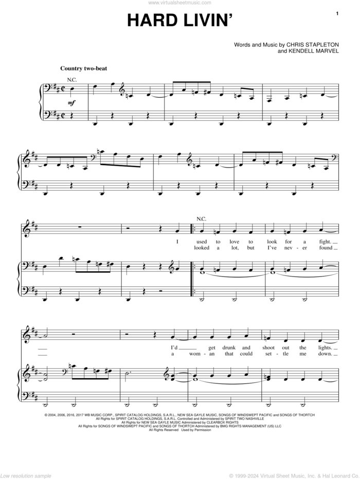 Hard Livin' sheet music for voice, piano or guitar by Chris Stapleton and Kendell Marvell, intermediate skill level