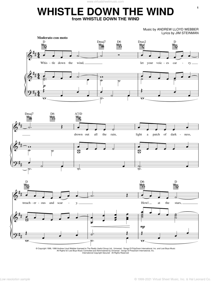 Whistle Down The Wind sheet music for voice, piano or guitar by Andrew Lloyd Webber, Whistle Down The Wind (Musical) and Jim Steinman, intermediate skill level