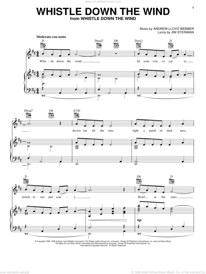 Whistle Down The Wind sheet music for voice, piano or guitar by Andrew Lloyd Webber, Whistle Down The Wind (Musical) and Jim Steinman, intermediate skill level