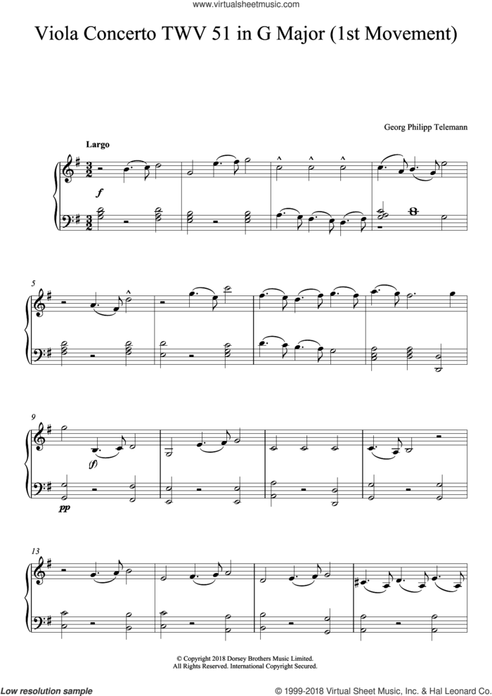 Viola Concerto TWV 51 In G Major (1st Movement) sheet music for piano solo by Georg Philipp Telemann, classical score, intermediate skill level